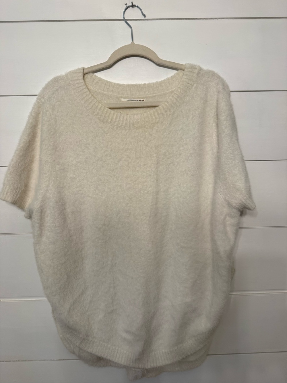 Anthropologie Cream Plush Short-Sleeve Crewneck Sweater